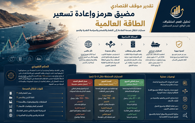 يتحول اضطراب الملاحة في مضيق هرمز من علاوة مخاطر قابلة للانحسار إلى نقص مادي كلما طال التعطل وضاقت قدرة المخزونات والمسارات البديلة والإمدادات خارج الخليج على تعويض الفاقد. المسار الأرجح هو استعادة تدريجية غير مكتملة تُبقي النفط متقلبًا وتؤخر خفض الفائدة؛ أما التعطل الممتد فيقترب إذا انخفضت حركة الناقلات، واتسعت أقساط التأمين، واستمر استنزاف المخزونات.
